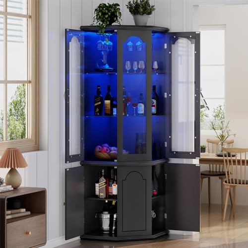 Home Bar Shelves - خزانة بار زاوية مع إضاءة LED،