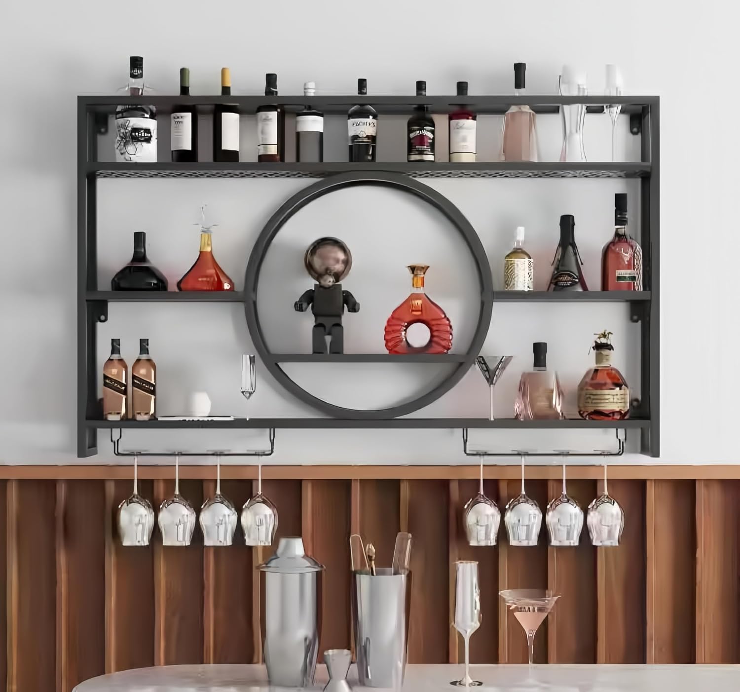 Home Bar Shelves - رف تخزين النبيذ المعدني الأسود المثبت