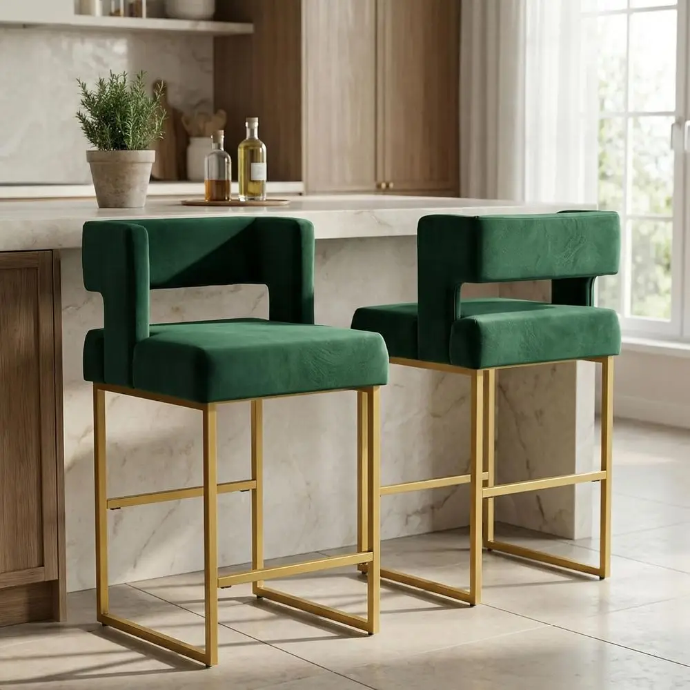 Home Bar And Counter - مجموعة من كرسيين بار مخمليين أخضر