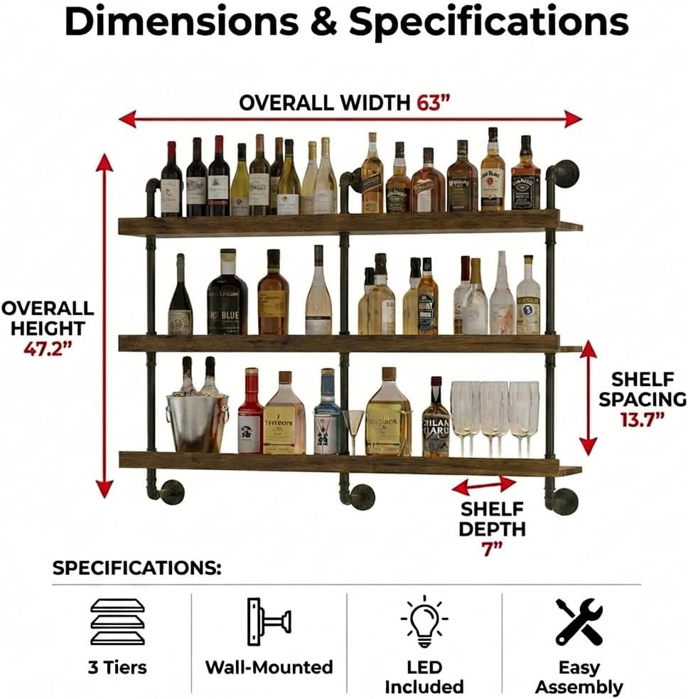 رف نبيذ معلق على الحائط مع إضا - مراجعة Home Bar Shelf وسعره