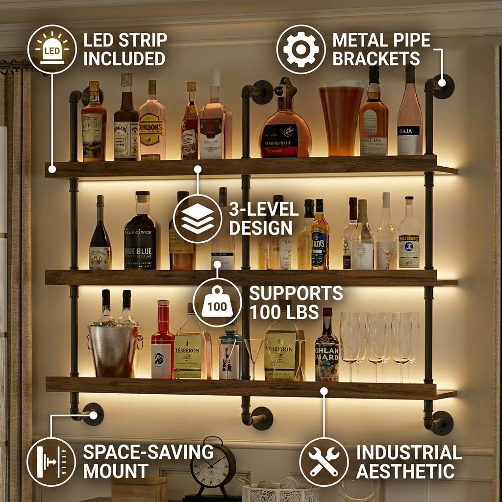 رف نبيذ معلق على الحائط مع إضا - مراجعة Home Bar Shelf وسعره